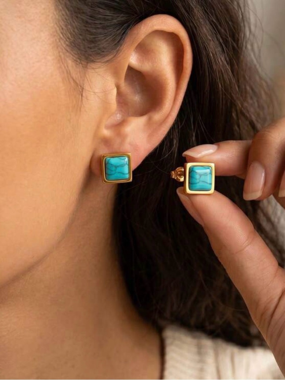 Gold Plated Turquoise Earrings Square Shape Stainless Steel Womens Jewelry